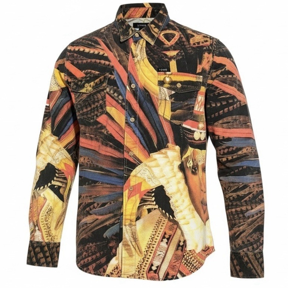 AKOO Long Sleeve Button Down Shirt African Tribal Princess Men's‎ Size L